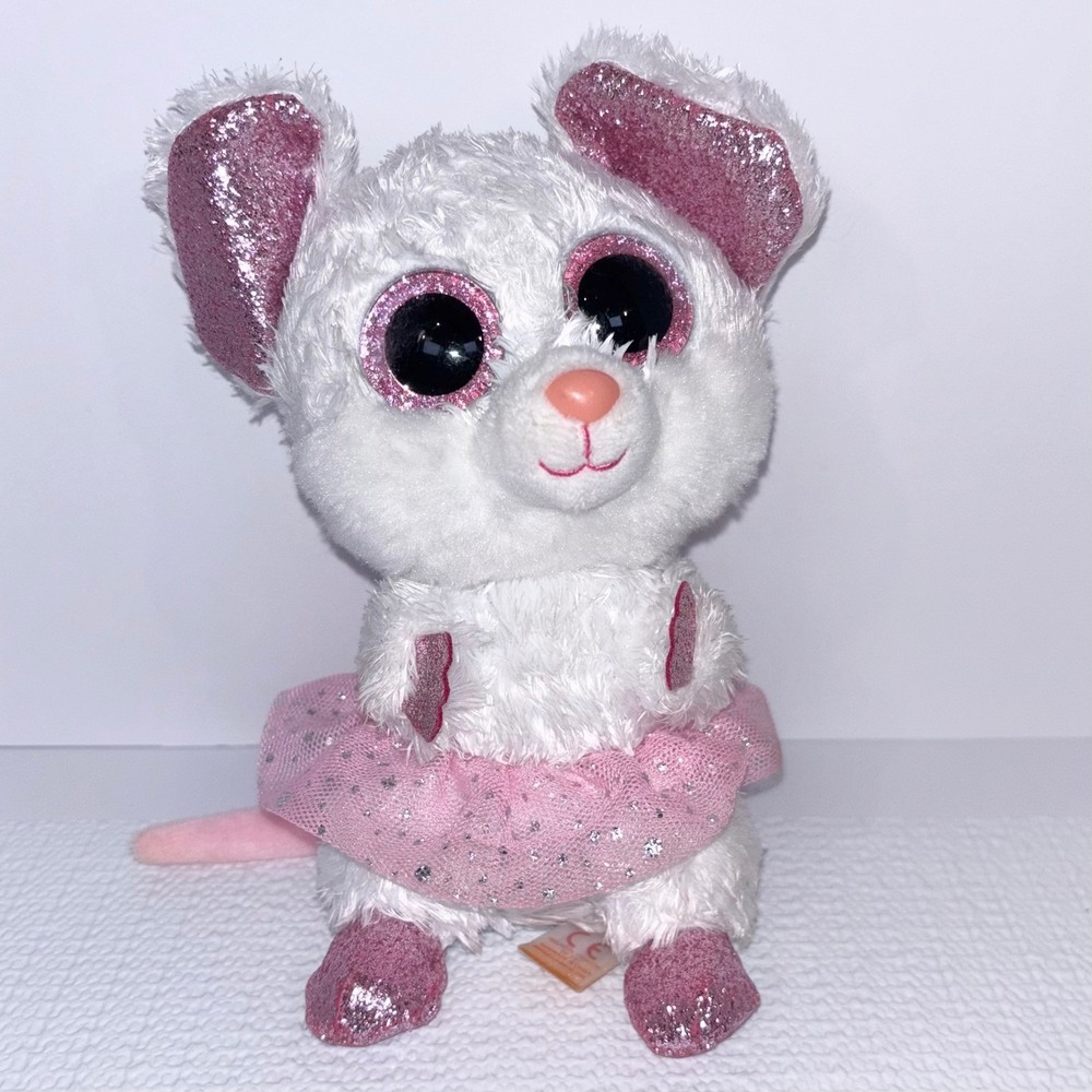 Ty Beanie Boos Plush Tiptoe the Mouse White Pink Ballerina Glitter Eyes 6in